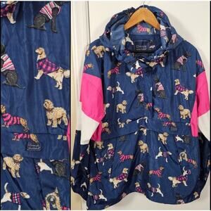 NEW Simply Southern Dog Print Windbreaker Sz L Blue Pink Half Zip Hooded Doodle